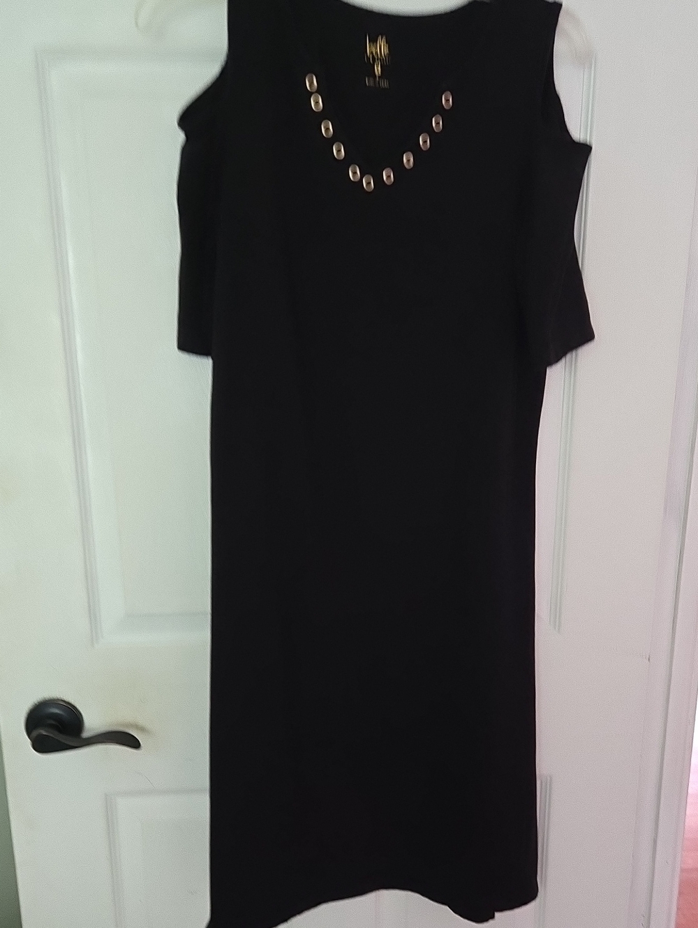 Belle by Kim Gravel Black Cold-Shoulder Midi Dress with Gold Eyelet Detail